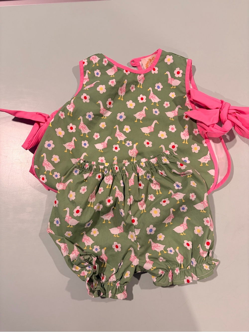 RARE The Beaufort Bonnet Company Green Floral & Pink Trim Baby Two-Piece Set